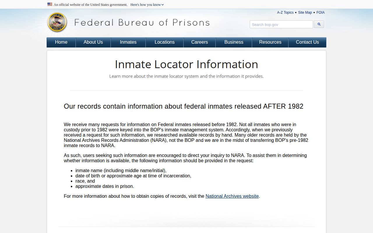 BOP explanation of released inmate locator records