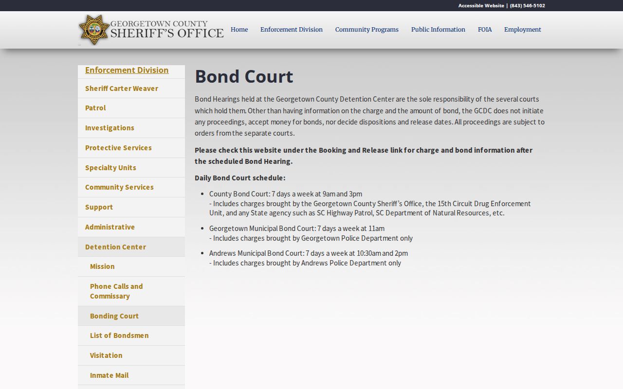 Georgetown County Detention Center Bond Court schedules and responsibilities