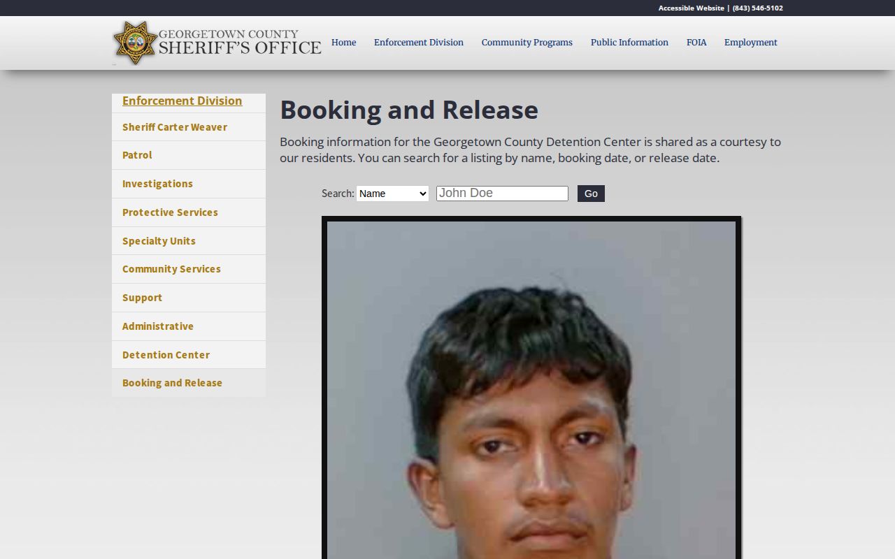 Georgetown County Sheriff Booking and Release search options