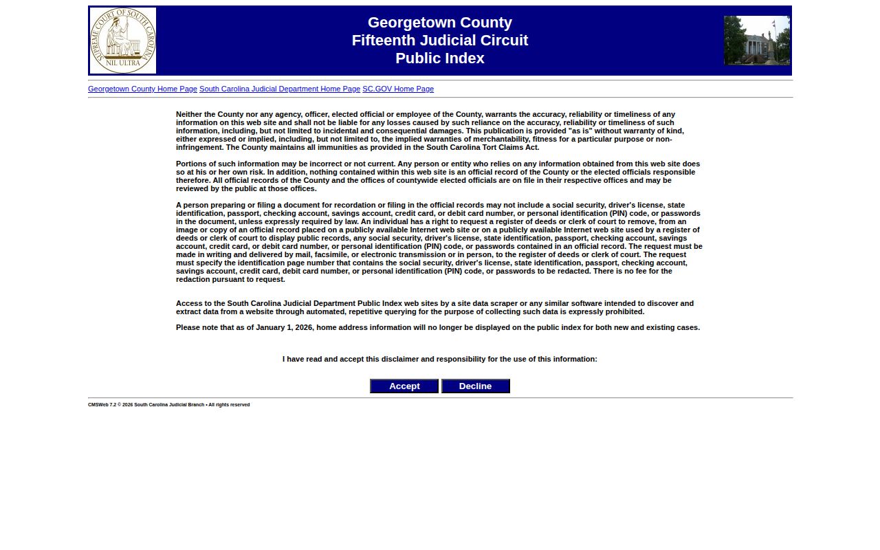 South Carolina Judicial Branch Georgetown County Public Index search